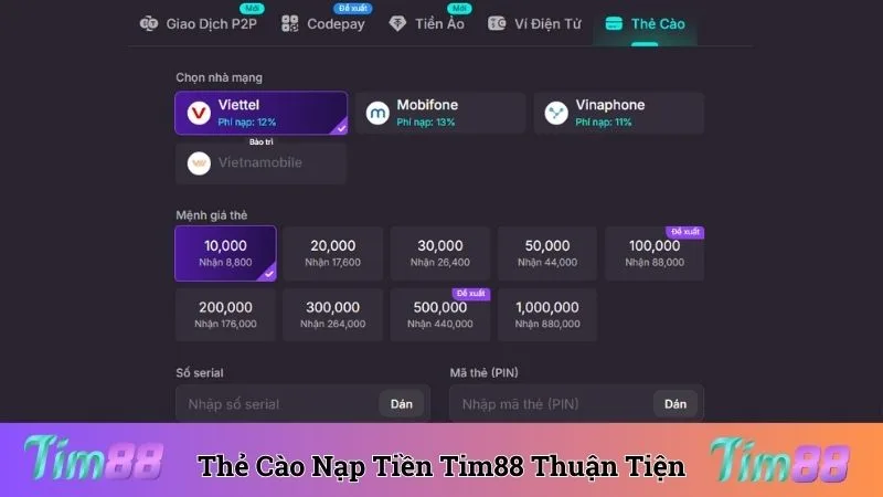 Sử dụng thẻ cào nạp tiền Tim88 mang đến sự thuận tiện